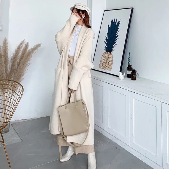 Cardigan sweater chunky knit tie belt thick winter pockets Apricot Beige cream - Picture 10 of 13